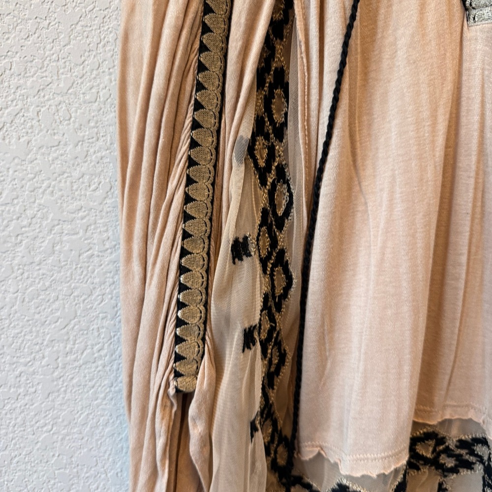 Free People Tunic Boho Embroidered Mesh Womens L Tan Black Tassel V-Neck Top - Picture 4 of 11